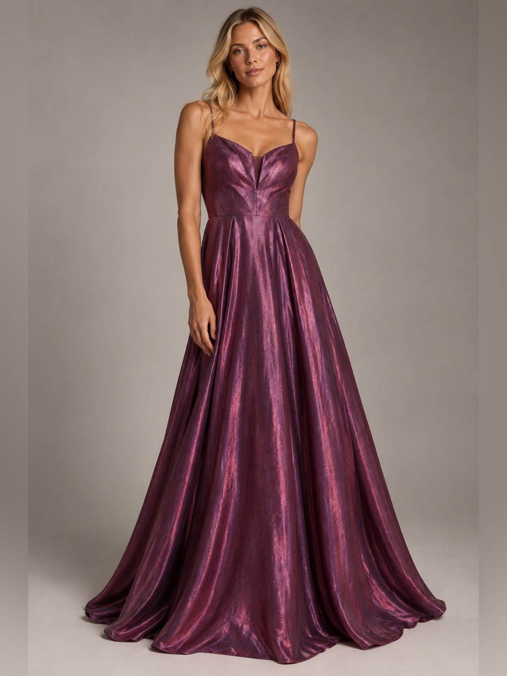 Metallic Plum A-Line Prom Gown with Spaghetti Straps • size medium